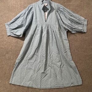 Never a Wallflower Blue White Textured Dot Prairie Midi Dress Puff Sleeve L
